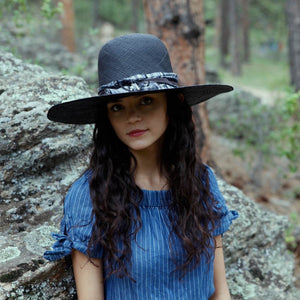 "High Noon" Hat - Black Straw with Blue Silk Band & Silver Arrowhead Pendant