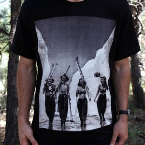 Ski Girls Vintage Black and White Photo on Black T-shirt