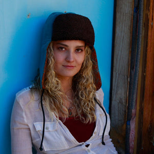 "1876" Hat - Light Blue Wool With Brown-Teal-Rose Floral Lining