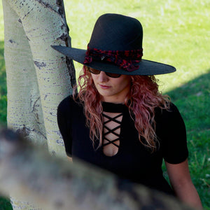 "High Noon" Hat - Black Straw with Red Silk Band & Silver Arrowhead Pendant
