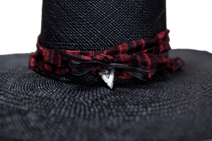 "High Noon" Hat - Black Straw with Red Silk Band & Silver Arrowhead Pendant