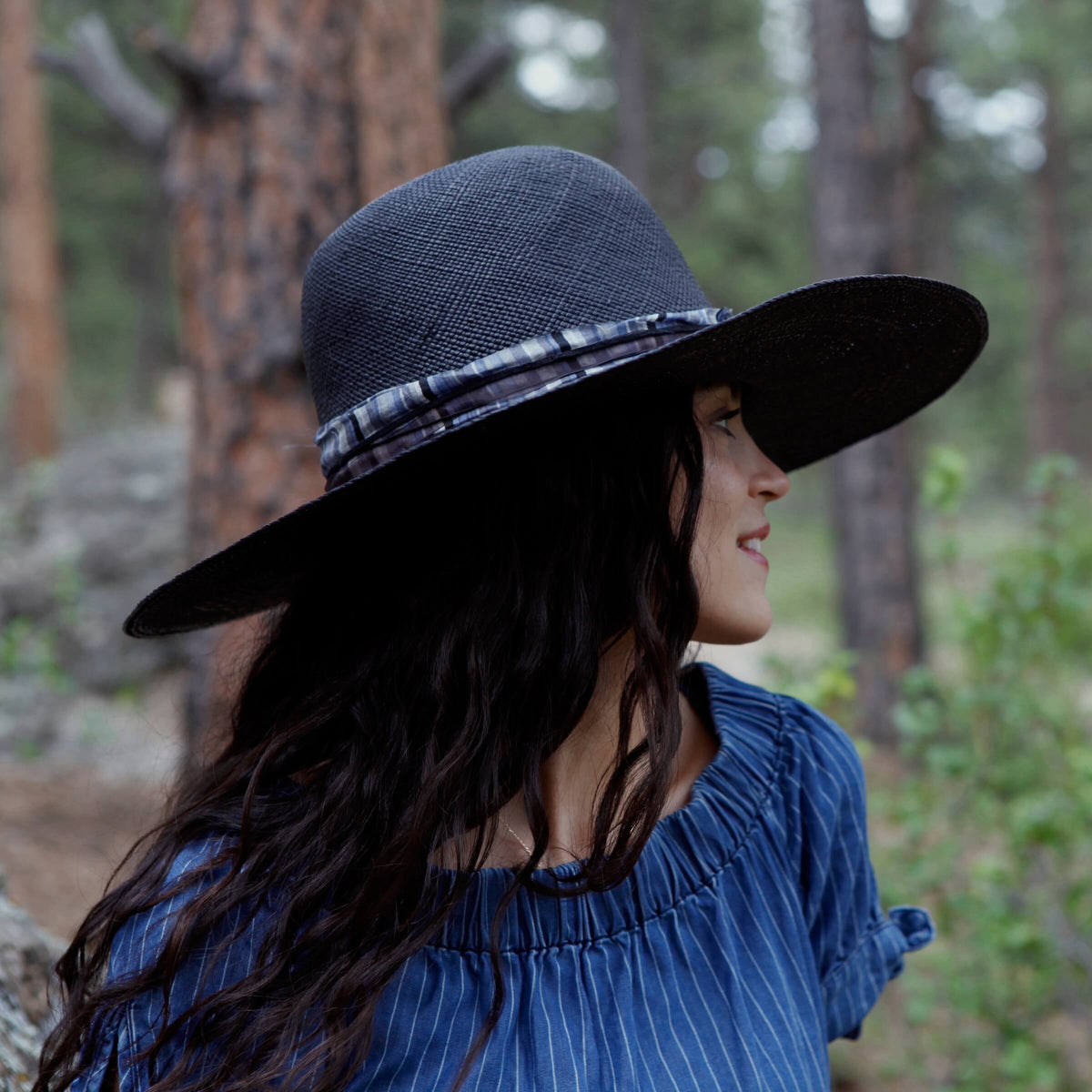 "High Noon" Hat - Black Straw with Blue Silk Band & Silver Arrowhead Pendant