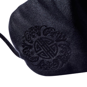 Detail image of the black satin lining with Chinese Good Luck symbols of a Trapper of Colorado brand dressy "trapper hat" or "bomber hat" for men and women