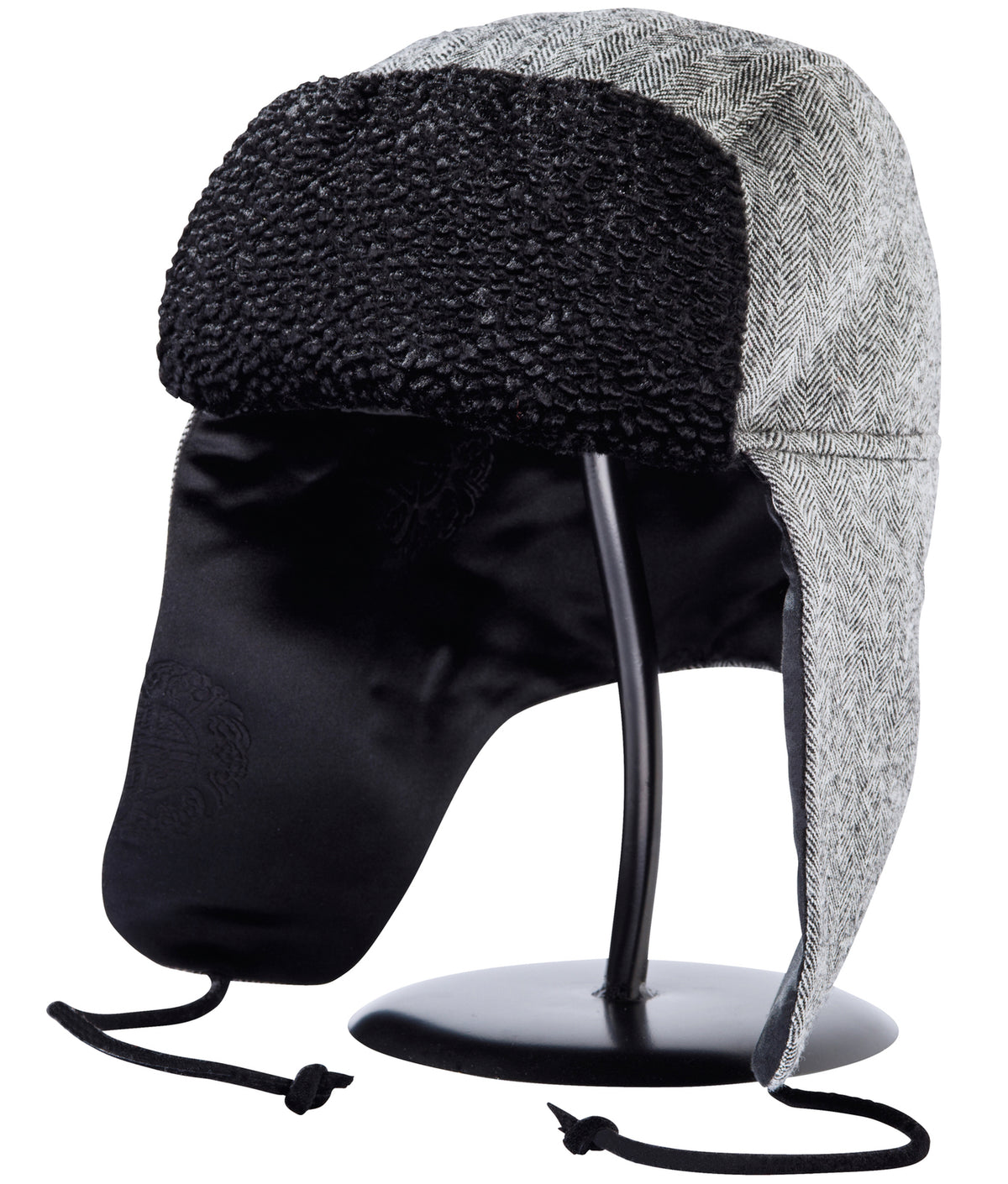 Image of a black and white wool Trapper of Colorado brand dressy "trapper hat" or "bomber hat" with black satin lining and  black faux fur vegan brim for men or women to wear