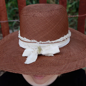 "High Noon" Hat - Brown Straw with Yellow Striped Cotton Band & Gold Arrowhead Pendant