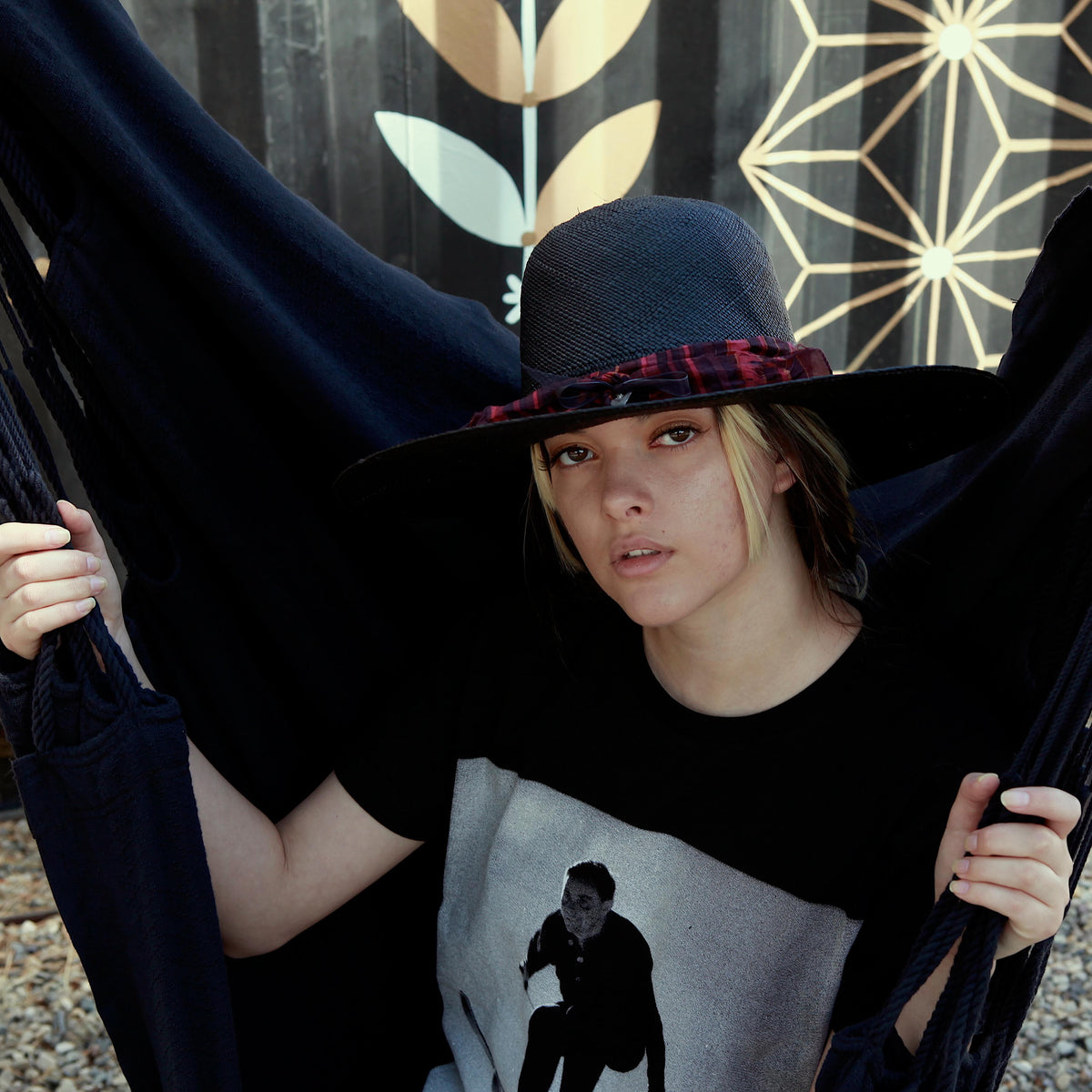 "High Noon" Hat - Black Straw with Red Silk Band & Silver Arrowhead Pendant