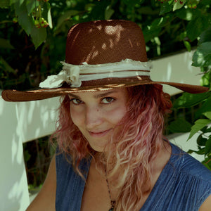 "High Noon" Hat - Brown Straw with Yellow Striped Cotton Band & Gold Arrowhead Pendant