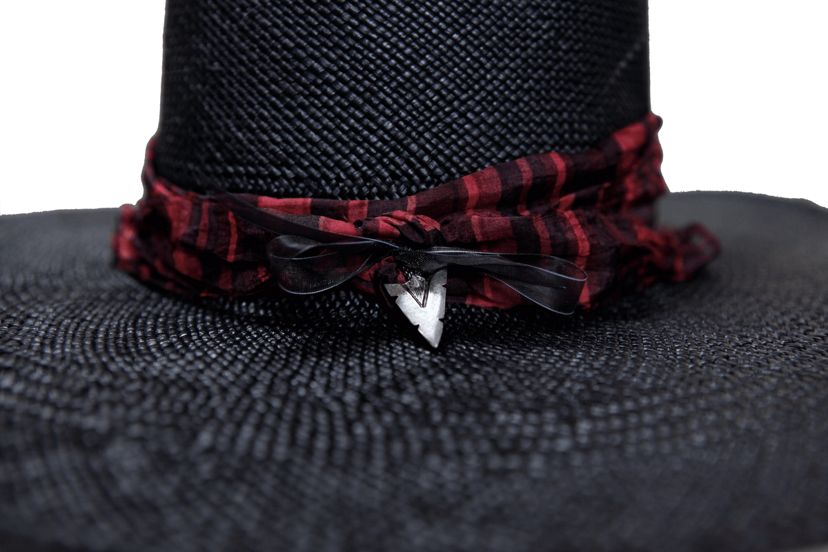 "High Noon" Hat - Black Straw with Red Silk Band & Silver Arrowhead Pendant