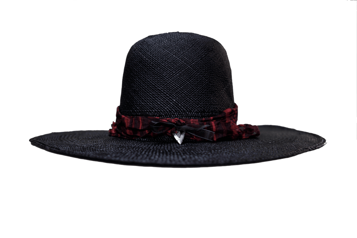 "High Noon" Hat - Black Straw with Red Silk Band & Silver Arrowhead Pendant