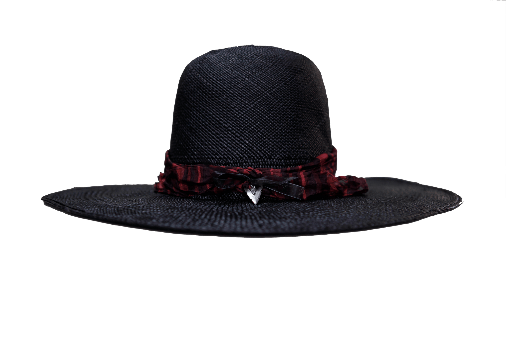 "High Noon" Hat - Black Straw with Red Silk Band & Silver Arrowhead Pendant