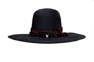 "High Noon" Hat - Black Straw with Red Silk Band & Silver Arrowhead Pendant