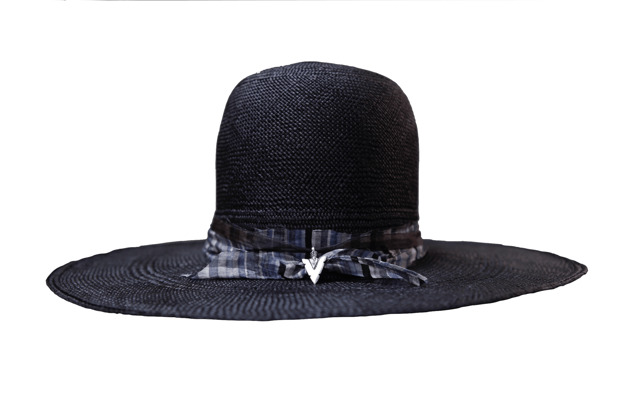 "High Noon" Hat - Black Straw with Blue Silk Band & Silver Arrowhead Pendant