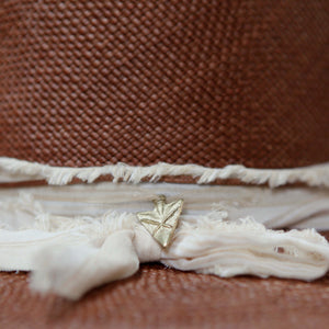 "High Noon" Hat - Brown Straw with Yellow Striped Cotton Band & Gold Arrowhead Pendant