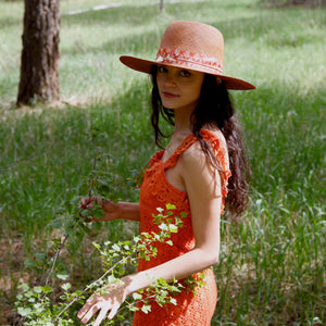 "High Noon" Hat - Terra Cotta Straw with Orange Silk Band & Gold Arrowhead Pendant