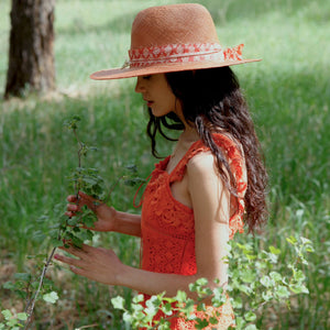 "High Noon" Hat - Terra Cotta Straw with Orange Silk Band & Gold Arrowhead Pendant